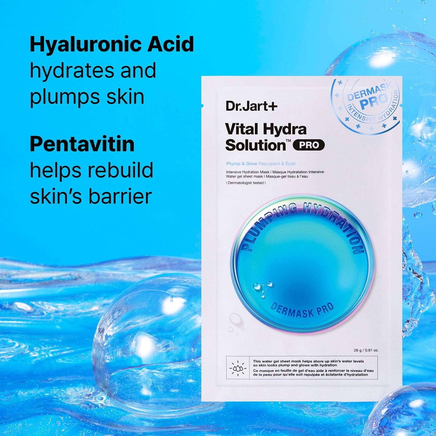 Dr.Jart+ Dermask Vital Hydra Solution Glow Korean Face Mask with Hyaluronic Acid for Glass Skin | Sheet Mask | Korean Skin Care
