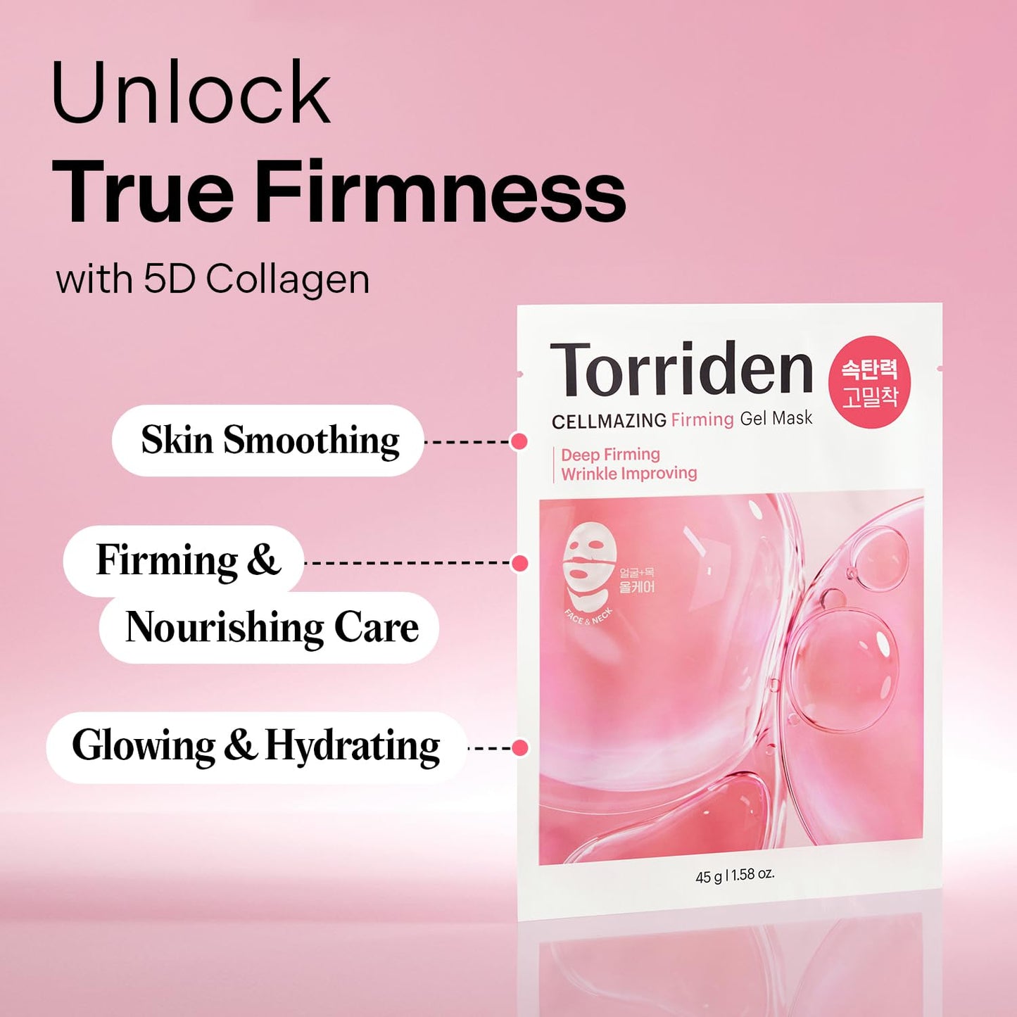 Torriden CELLMAZING Collagen Firming Gel Facial & Neck Sheet Mask (pack of 4) | Covering Neck Mask | 5D Collagen Complex, Amino Acid Complex, Peptide