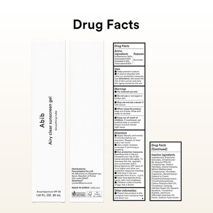 Abib Airy Clear Sunscreen Gel SPF30 1.01 fl.oz / 30 g (Semi- matte) | Korean Suncreen, Suncare, Sunblock, No White cast, Reef Safe, Primer poreless