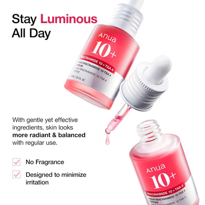 ANUA Niacinamide 10 + TXA 4 Serum, Hyaluronic Acid, Tranexamic acid, Facial Serum for Glass Skin, Clarifying, Radiant Complexion with Natural Color, Korean Skin Care (30ml /1.01 fl.oz)